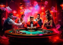 Tampilan studio Lightning Baccarat dengan dealer profesional dan kartu yang ditampilkan